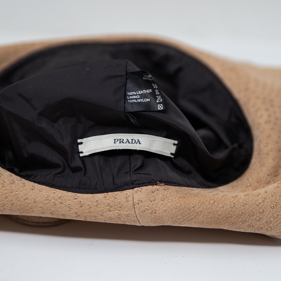 Prada Genuine Leather Textured Ribbon Bow Trim Bucket Sun Hat Neutral Beige M - Picture 3 of 6